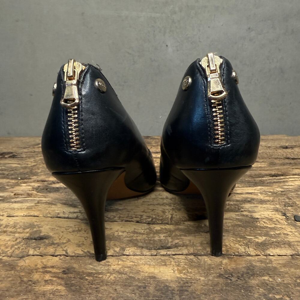 Aldo Black Leather Back Zip Gold Zipper Stiletto Pump Women's 8.5 EUR 39